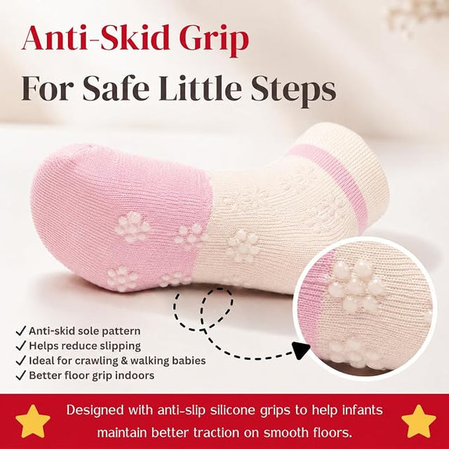 Anti Skid Ankle Length Cotton Blend Grip Socks for Infants Pack of 3 Pairs