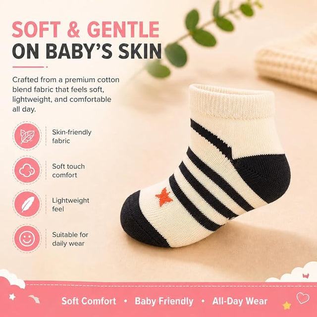 Anti Skid Ankle Length Socks for Infants Pack of 3 Pairs | Non Terry Cotton Blend Grip Socks for Baby Boys & Girls, Soft Breathable Stretchable Daily Wear Socks