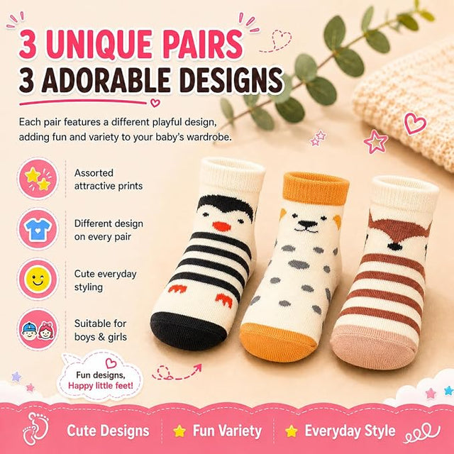 Anti Skid Ankle Length Socks for Infants Pack of 3 Pairs | Non Terry Cotton Blend Grip Socks for Baby Boys & Girls, Soft Breathable Stretchable Daily Wear Socks