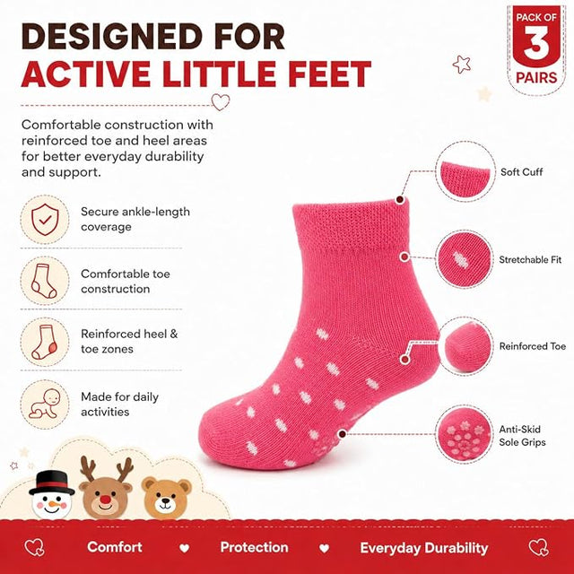 Anti Skid Ankle Length Socks for Infants Pack of 3, Soft Breathable Stretchable Daily Wear Socks