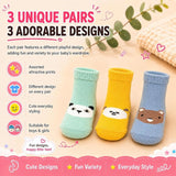 Anti Skid Ankle Length Socks for Infants Pack of 3 Pairs Non Terry Cotton Blend Grip Socks for Baby Boys & Girls