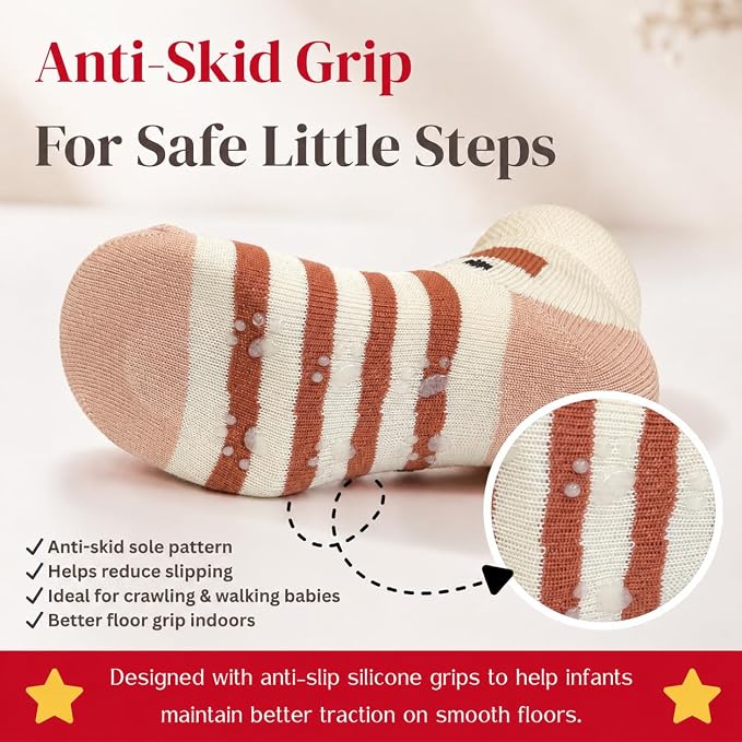 Anti Skid Ankle Length Socks for Infants Pack of 3 Pairs | Non Terry Cotton Blend Grip Socks for Baby Boys & Girls, Soft Breathable Stretchable Daily Wear Socks