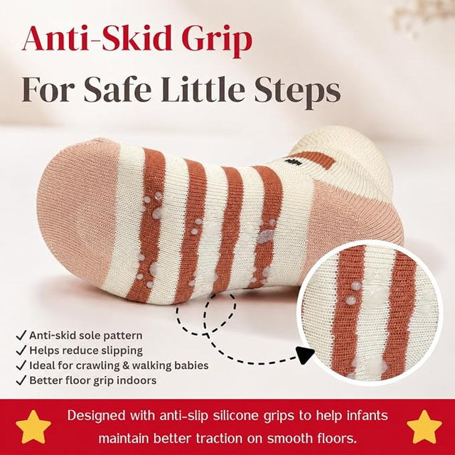 Anti Skid Ankle Length Socks for Infants Pack of 3 Pairs | Non Terry Cotton Blend Grip Socks for Baby Boys & Girls, Soft Breathable Stretchable Daily Wear Socks