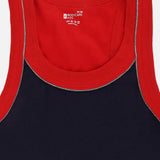 Kids sleeveless innerwear tank top in navy blue with red neckline and grey trim
