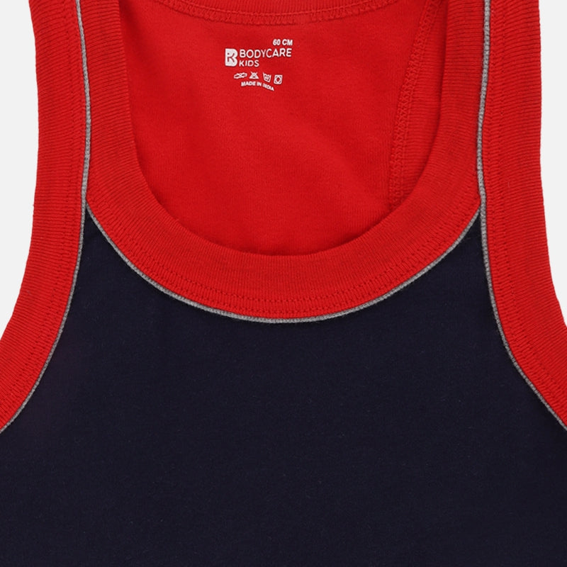 Kids sleeveless innerwear tank top in navy blue with red neckline and grey trim