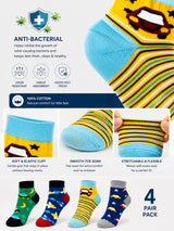 Boys Ankle Length Cotton Socks with Soft Stretchable Comfort, Antibacterial Finish and Moisture Wicking - Pack of 4