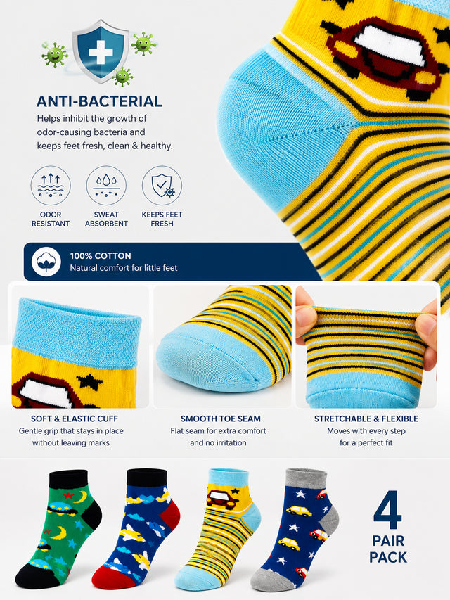 Boys Ankle Length Cotton Socks with Soft Stretchable Comfort, Antibacterial Finish and Moisture Wicking - Pack of 4