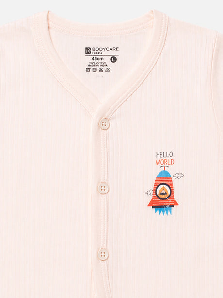 Baby Cotton Rich Front Open Half Sleeves Short Suit Solid Rib