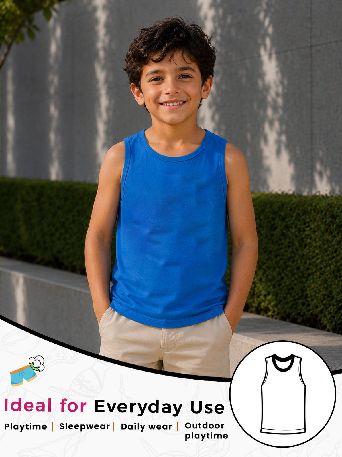 Boys Cotton Printed Sleeveless T-Shirt with Round Neck and Regular Fit for Casual Wear and Easy Movement