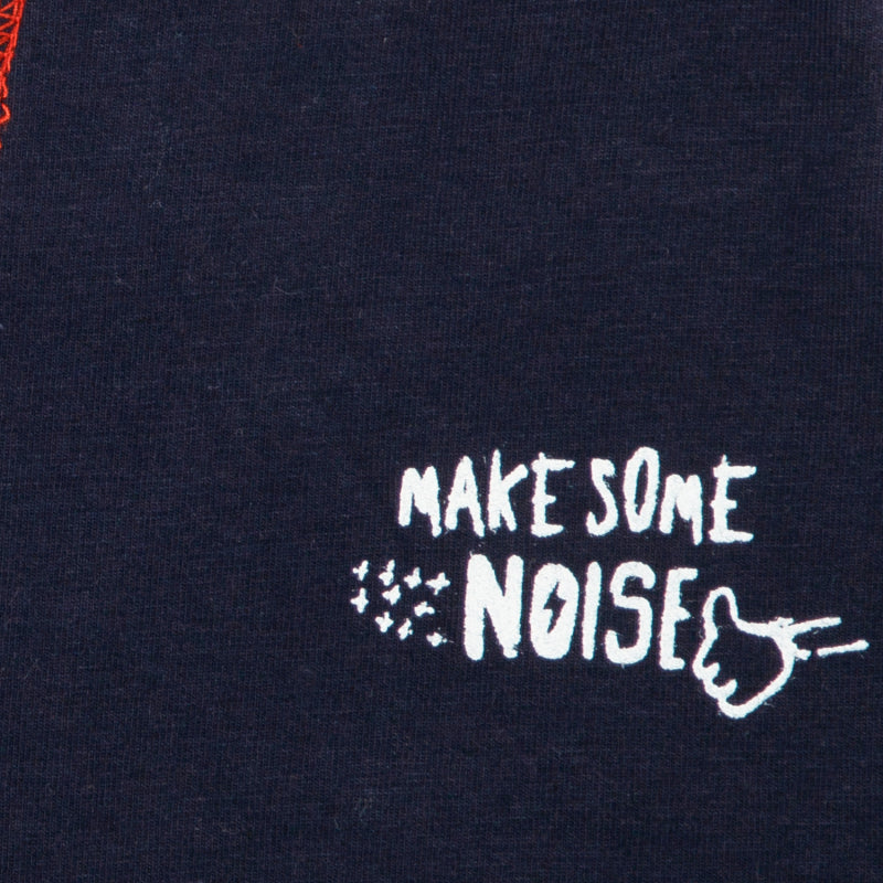 Navy blue kids apparel fabric with white 'Make Some Noise' text and hand graphic print