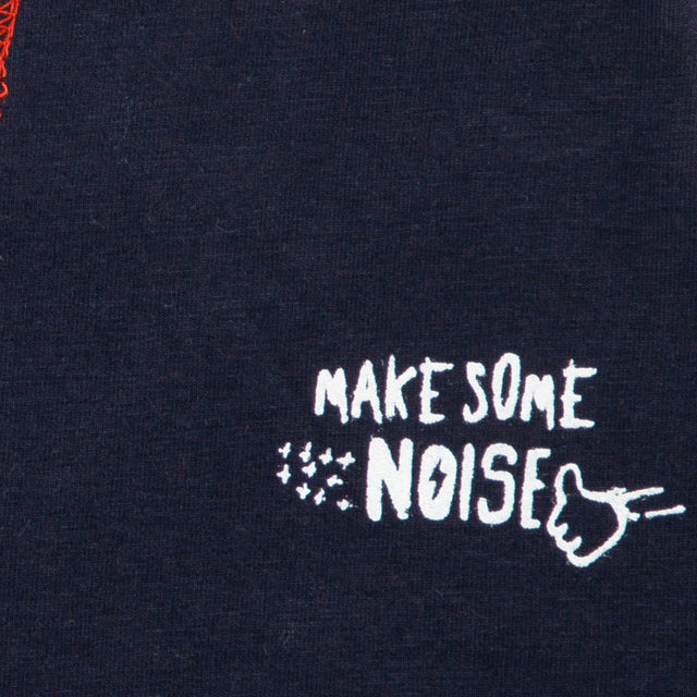 Navy blue kids apparel fabric with white 'Make Some Noise' text and hand graphic print