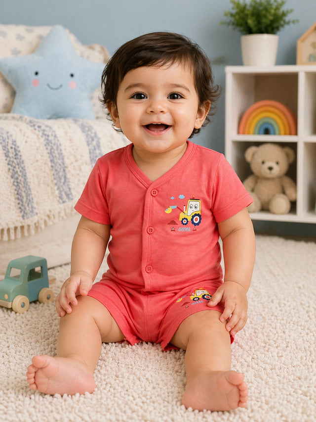Baby 100% Cotton Front Open Half Sleeves Short Suit for Everyday Comfort, Easy Dressing and Regular Wear