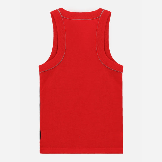 Red kids sleeveless innerwear vest with contrast stitching, back view