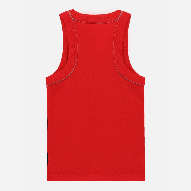 Red kids sleeveless innerwear vest with contrast stitching, back view