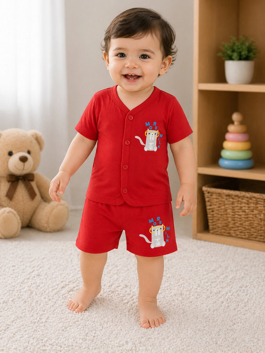 Baby 100% Cotton Front Open Half Sleeves Short Suit Solid