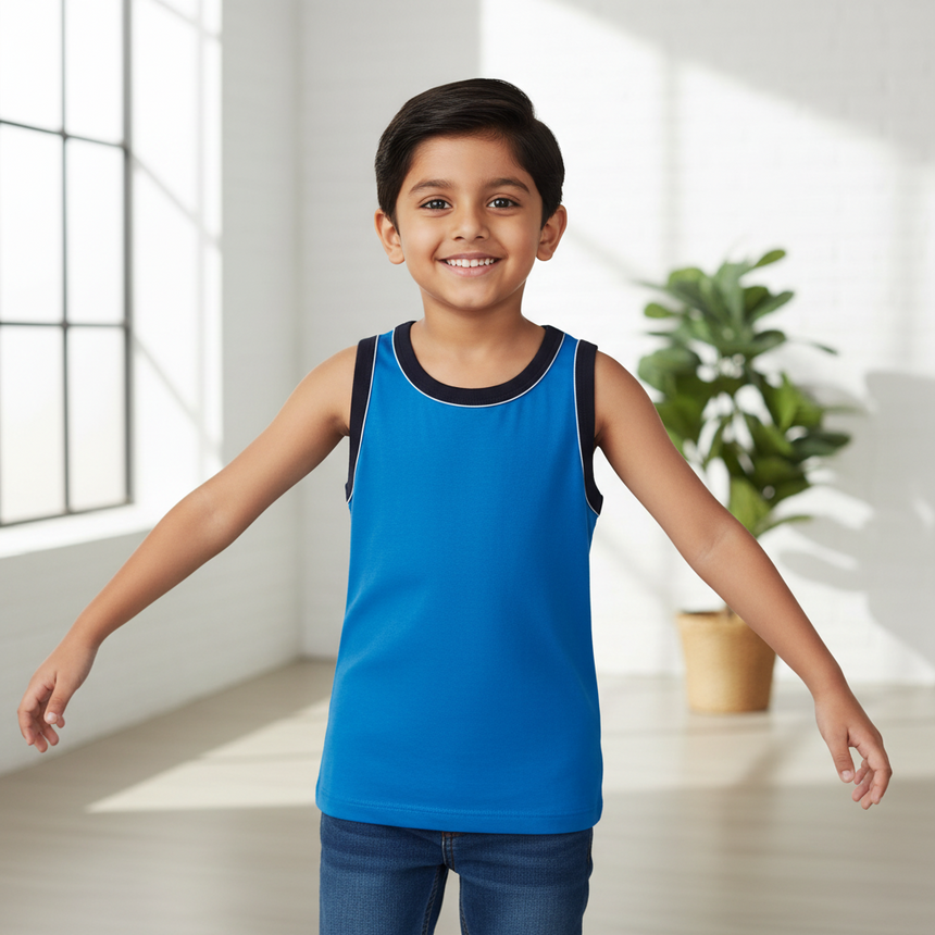 Smiling boy in blue sleeveless innerwear vest and jeans, bright indoor setting