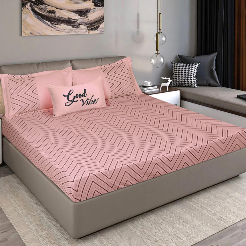 King Size Cotton Bedsheet Chevron Salmon Pink