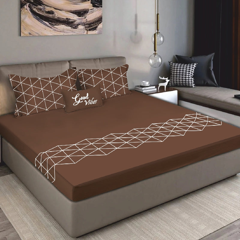 Bodycomfy 100% Cotton Hosiery King Size Fitted Bedsheet – Geometrical Panel Print