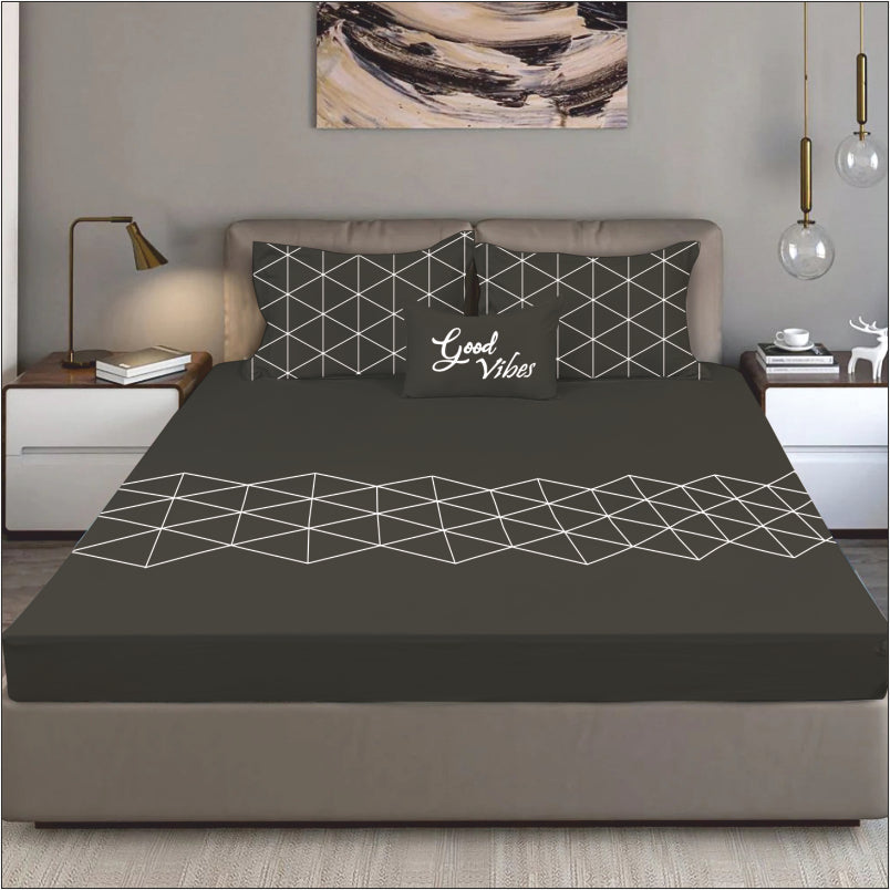 Bodycomfy 100% Cotton Hosiery King Size Fitted Bedsheet – Geometrical Panel Print