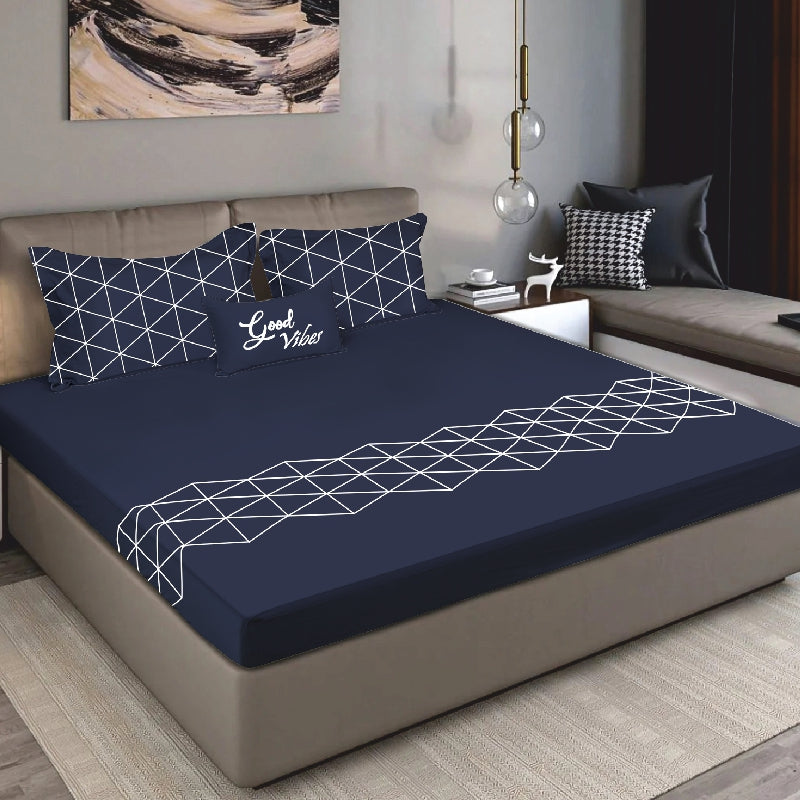 Bodycomfy 100% Cotton Hosiery King Size Fitted Bedsheet – Geometrical Panel Print