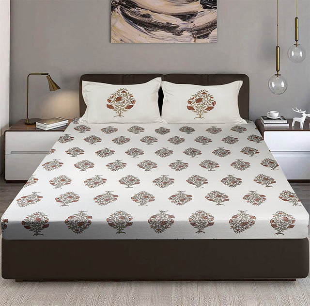 King Size Cotton Bedsheet Floral Handblock Ivory - Bodycare