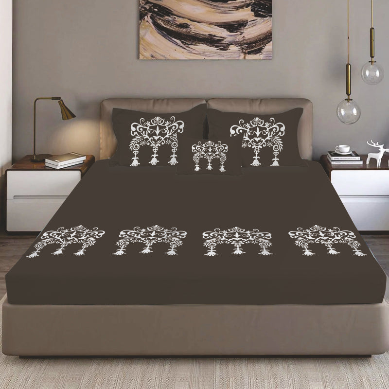 King Size Cotton Bedsheet Brown Ornamental Print - Bodycare