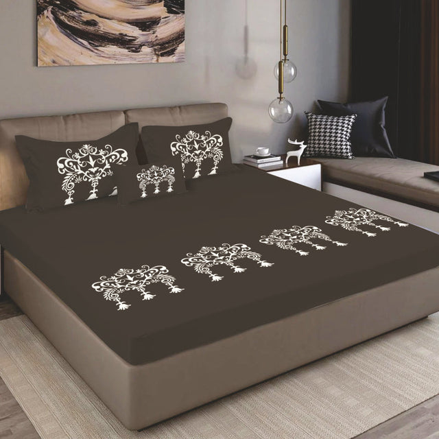 King Size Cotton Bedsheet Brown Ornamental Print - Bodycare