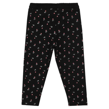 Black kids leggings with pink star and white BFF print, elastic waistband, full length