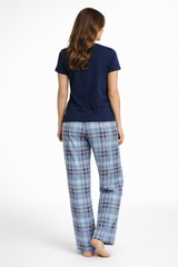 Bodycomfy Women's Printed 100% Cotton Spandex Night Suit - Checked Print Pyjamas with Solid T-Shirt in Navy