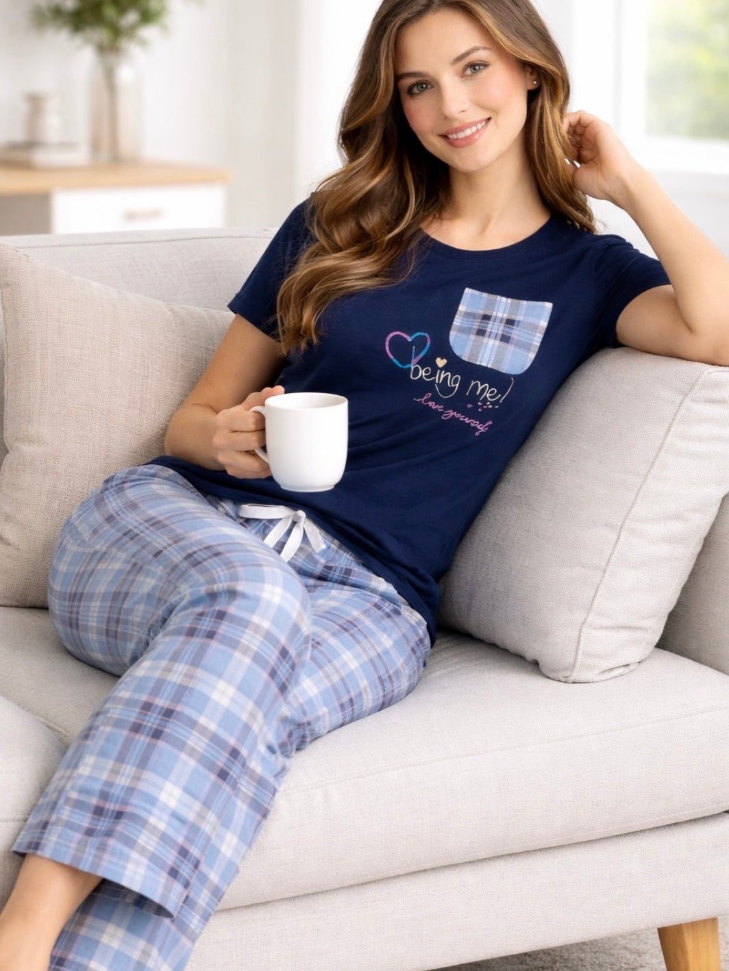 Bodycomfy Women's Printed 100% Cotton Spandex Night Suit - Checked Print Pyjamas with Solid T-Shirt in Navy
