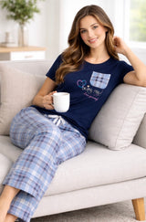 Bodycomfy Women's Printed 100% Cotton Spandex Night Suit - Checked Print Pyjamas with Solid T-Shirt in Navy