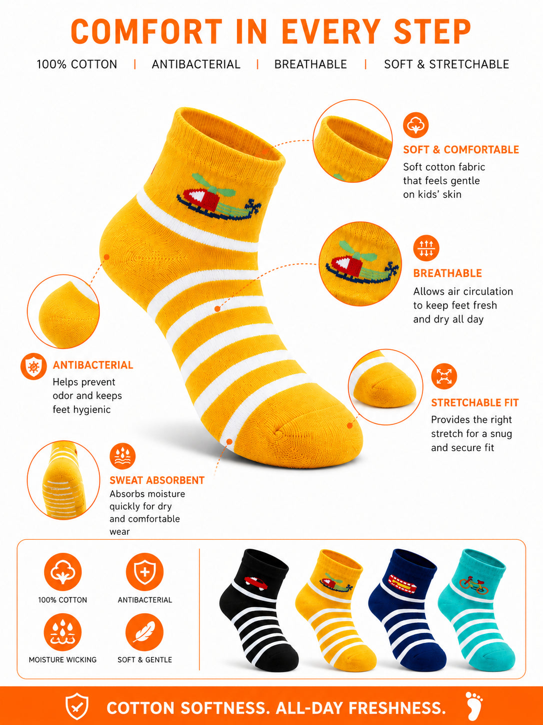 Boys Regular Wear Socks for Everyday Comfort, School Uniform Use and Practical Wardrobe Essentials - Pack of 4