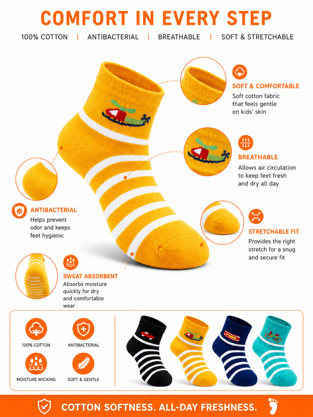 Boys Regular Wear Socks for Everyday Comfort, School Uniform Use and Practical Wardrobe Essentials - Pack of 4