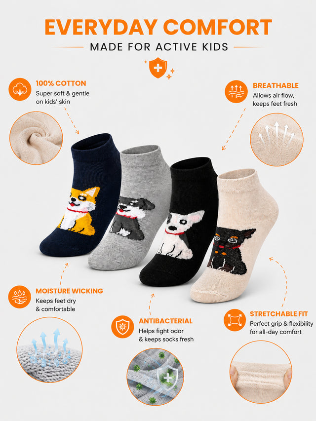 Boys Cotton Blend Ankle Length Socks with Soft Stretchable Fabric for Casual Wear and Everyday Comfort - Pack of 4