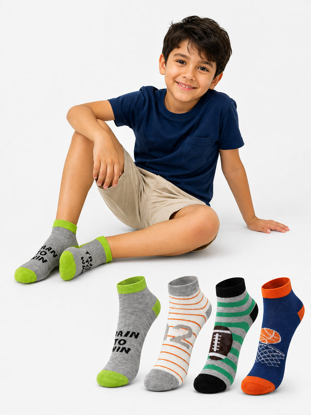 Boys Ankle Length Cotton Blend Socks with Soft Breathable Stretch for Everyday Wear and Casual Comfort - Pack of 4