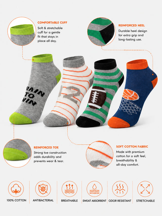 Boys Ankle Length Cotton Blend Socks with Soft Breathable Stretch for Everyday Wear and Casual Comfort - Pack of 4