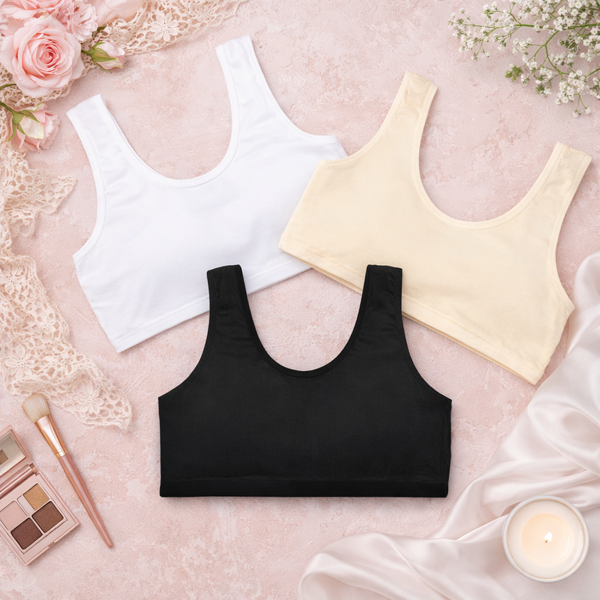 Bodycare Girls Crop Top Racer Back Sleeveless Solid Pack Of 3 - Black, Skin & White