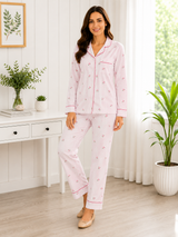 Bodycomfy Women's Cotton Spandex Collared Full Sleeves Night Suit with Pink Flower for Lounge Wear, Sleepwear and Relaxed Everyday Comfort