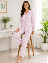 Bodycomfy Women's Cotton Spandex Collared Full Sleeves Night Suit with Pink Flower for Lounge Wear, Sleepwear and Relaxed Everyday Comfort