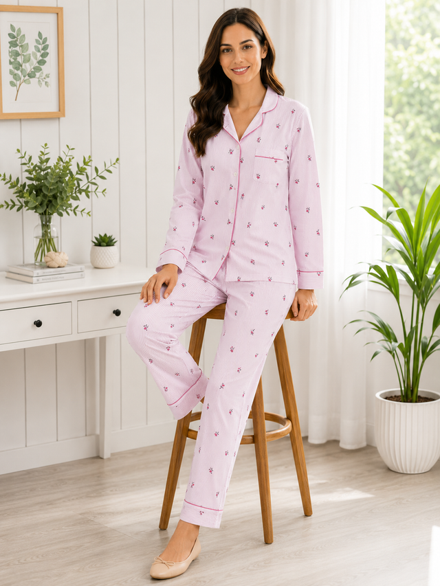 Bodycomfy Women's Cotton Spandex Collared Full Sleeves Night Suit with Pink Flower for Lounge Wear, Sleepwear and Relaxed Everyday Comfort