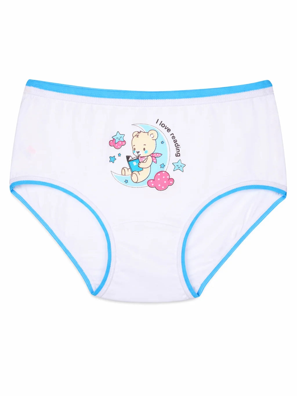 White kids' underwear with blue trim and cartoon bear reading design