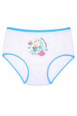 White kids' underwear with blue trim and cartoon bear reading design