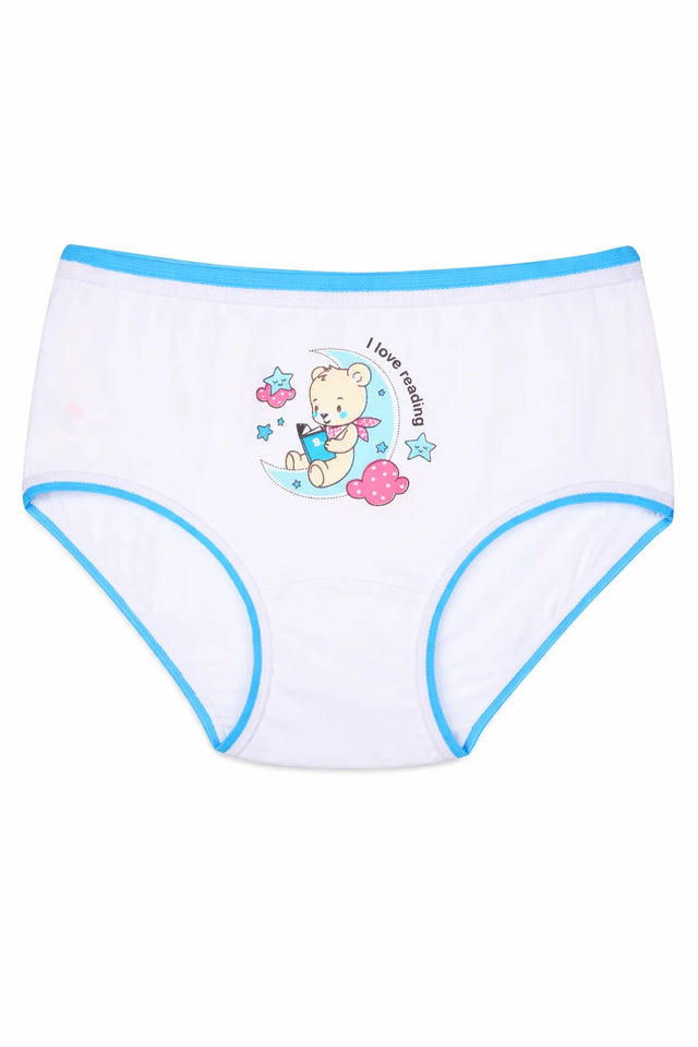 White kids' underwear with blue trim and cartoon bear reading design