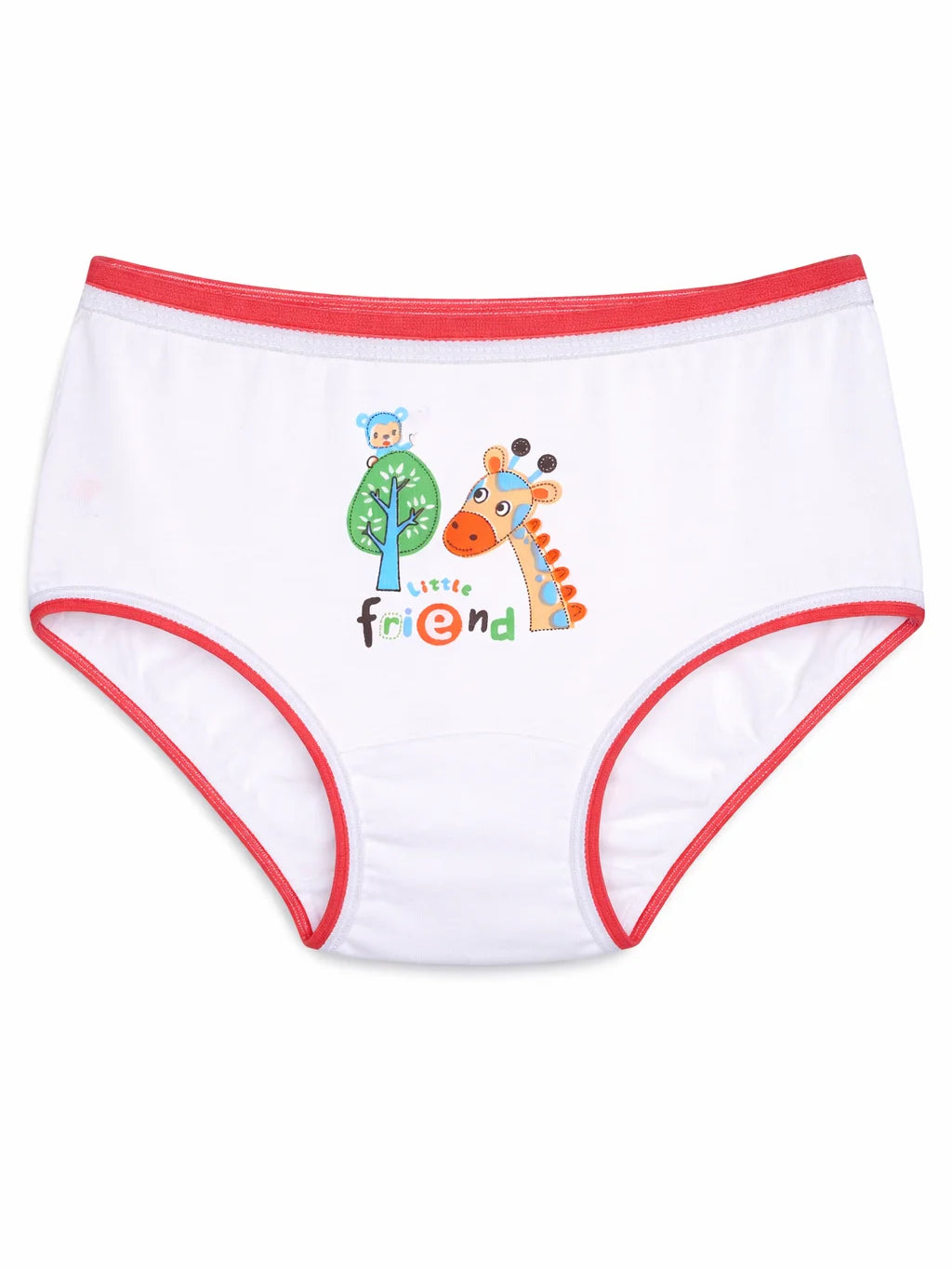 White kids innerwear with red trim, cartoon giraffe and tree print, Little Friend text on front.