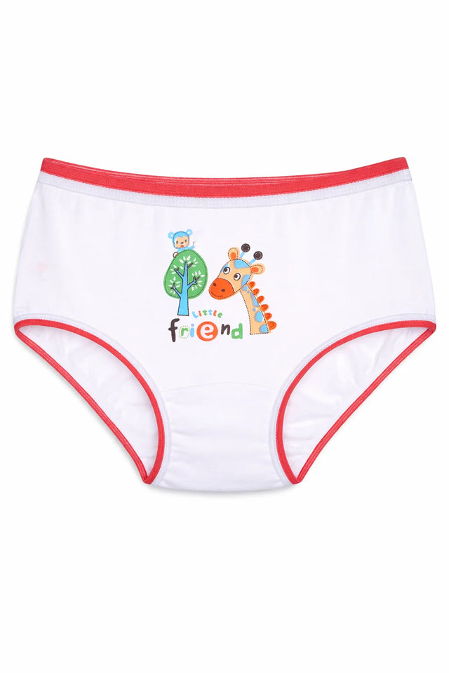 White kids innerwear with red trim, cartoon giraffe and tree print, Little Friend text on front.