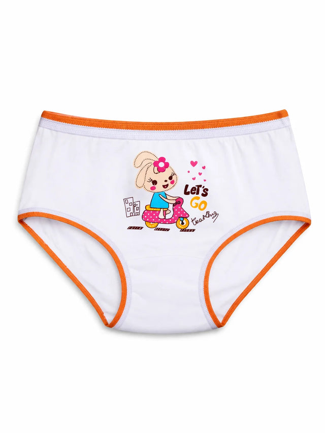 White kids' brief with orange trim and cute bunny cartoon print, innerwear for girls