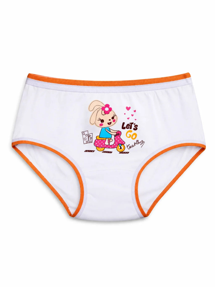 White kids' brief with orange trim and cute bunny cartoon print, innerwear for girls