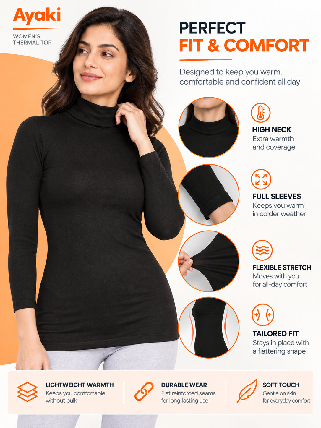 Women Miyabi Thermal Top with High Neck Full Sleeves, Regular Fit Warmth and Winter Innerwear Comfort