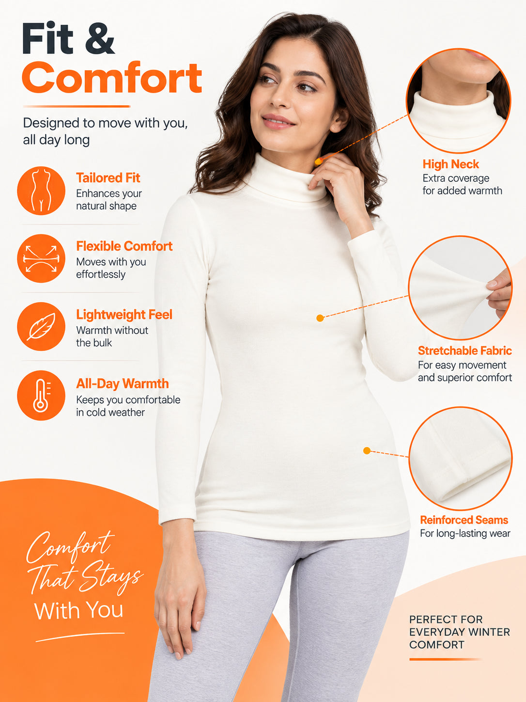 Women Full Sleeve Thermal Top with High Neck Design for Winter Wear, Warm Base Layer Comfort and Regular Use - Pack of 1