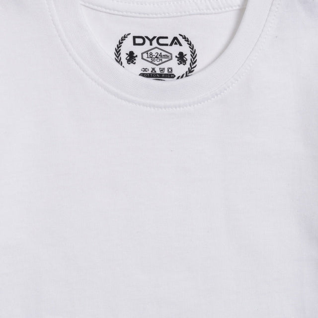 Closeup of a white cotton kids innerwear t-shirt, round neck, size 18-24 months